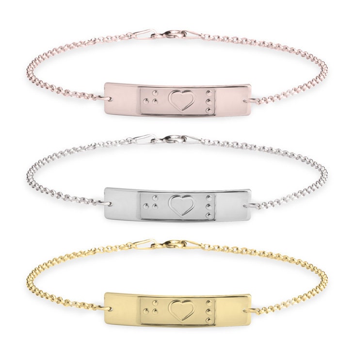 Braille Heart+2 Initials Bracelet,Sterling Silver,24K Gold/Rose Gold,Mother&#39;s Day gift,Birthday gift,gifts for her,gift for aunt/girlfriends