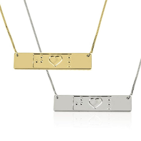 Heart embossed Braille Bar Pendant Necklace - Sterling Silver,24K Gold/Rose Gold Plating, Mother&#39;s Day gift, Birthday gift, gifts for her