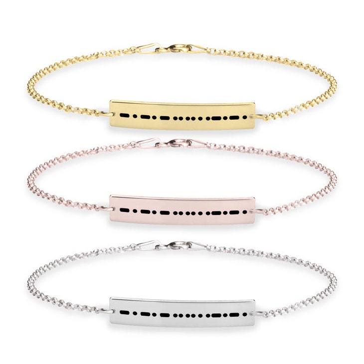 Morse code Engraved Bar Bracelet in Sterling Silver,24K Gold/Rose Gold Plating,