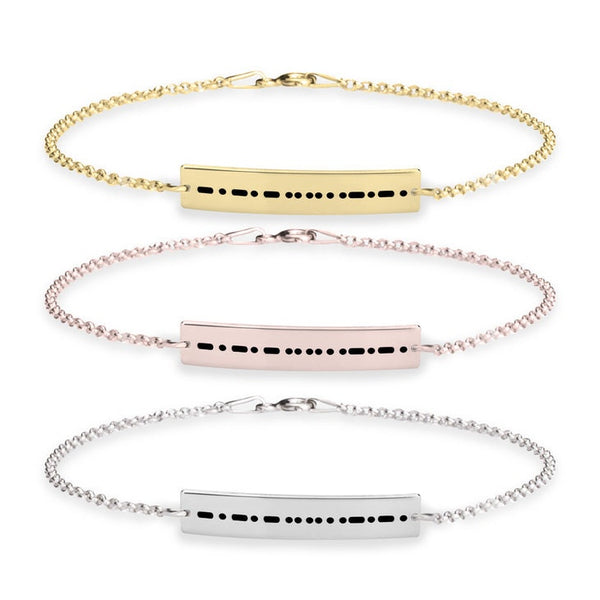 Morse code Engraved Bar Bracelet in Sterling Silver,24K Gold/Rose Gold Plating,