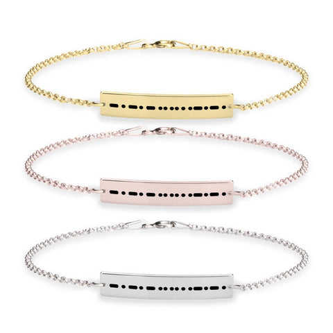 Morse code Engraved Bar Bracelet in Sterling Silver,24K Gold/Rose Gold Plating,
