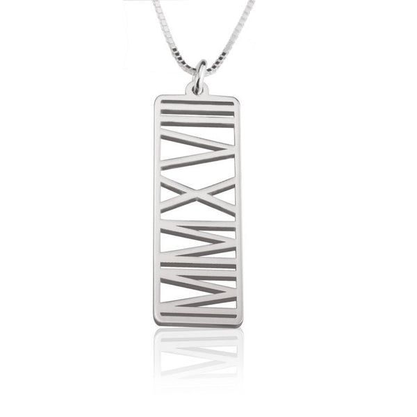 Personalized Roman Numerals Cutout Pendant Necklace-Vertical,Horiz/925 Silver/24K/Rose Gold Plating,Birthday/Mom/Dad/Anniversary/Graduation
