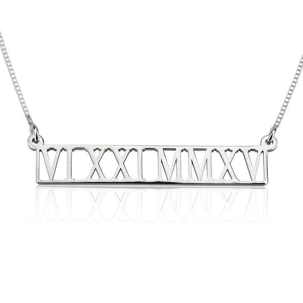 Personalized Roman Numerals Cutout Pendant Necklace-Vertical,Horiz/925 Silver/24K/Rose Gold Plating,Birthday/Mom/Dad/Anniversary/Graduation