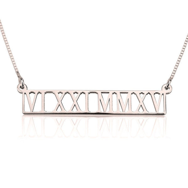 Personalized Roman Numerals Cutout Pendant Necklace-Vertical,Horiz/925 Silver/24K/Rose Gold Plating,Birthday/Mom/Dad/Anniversary/Graduation