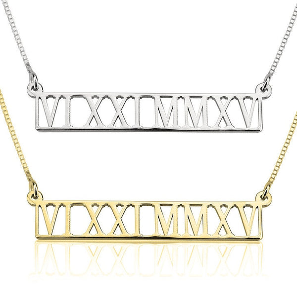 Personalized Roman Numerals Cutout Pendant Necklace-Vertical,Horiz/925 Silver/24K/Rose Gold Plating,Birthday/Mom/Dad/Anniversary/Graduation