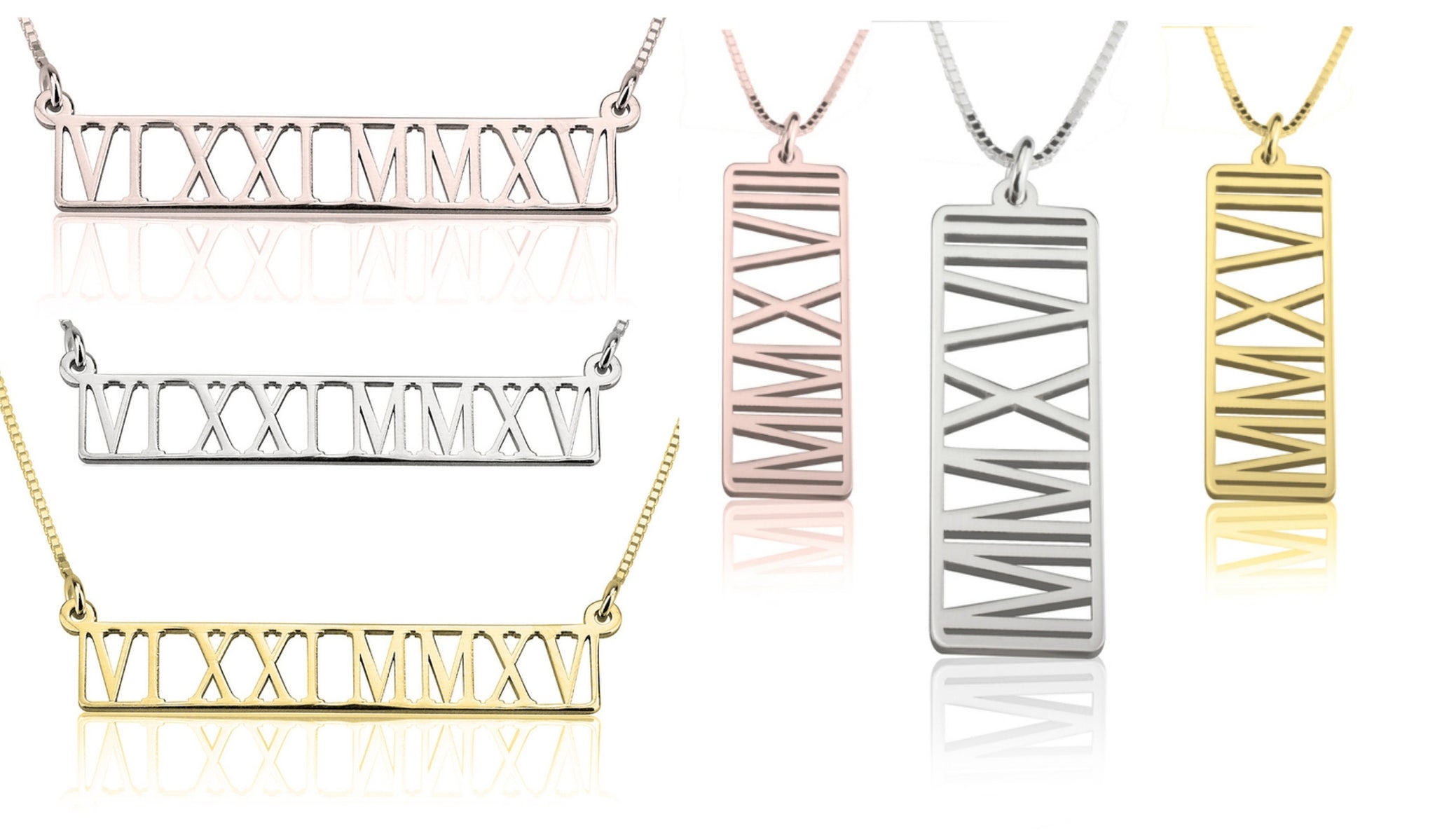 Personalized Roman Numerals Cutout Pendant Necklace-Vertical,Horiz/925 Silver/24K/Rose Gold Plating,Birthday/Mom/Dad/Anniversary/Graduation