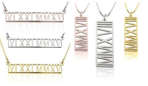Personalized Roman Numerals Cutout Pendant Necklace-Vertical,Horiz/925 Silver/24K/Rose Gold Plating,Birthday/Mom/Dad/Anniversary/Graduation