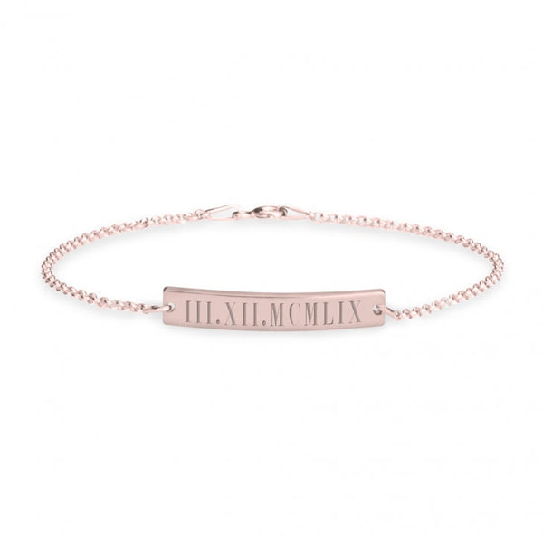 Roman Numerals Engraved Bar Bracelet, Chain in Sterling Silver,24K Gold/Rose Gold Plating,