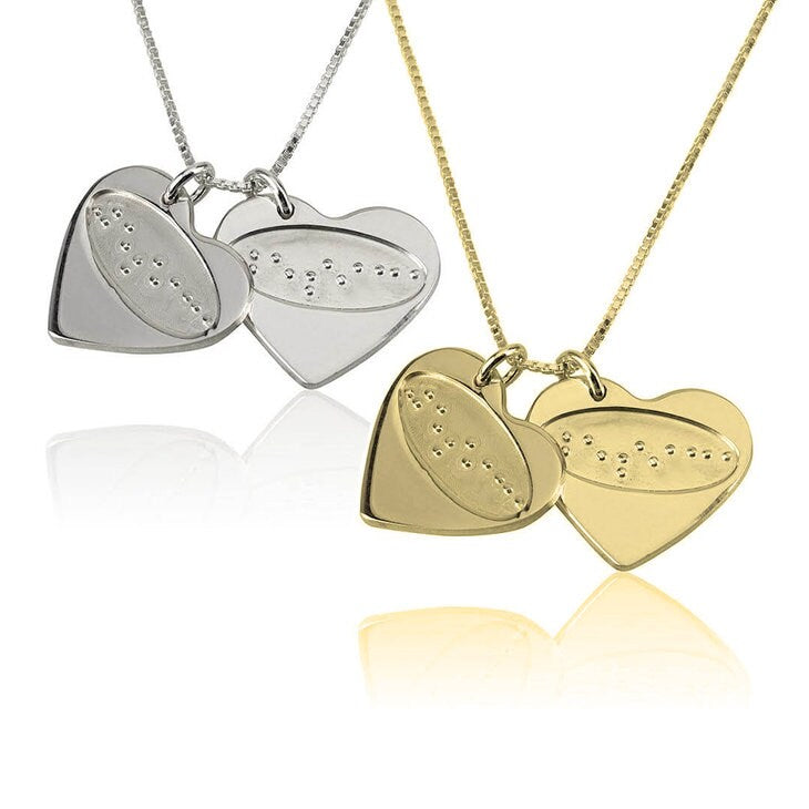 Double Heart Braille Pendant Necklace,Sterling Silver,24K Gold/Rose Gold,Mother&#39;s Day gift,Birthday gift,gifts for her,gift for girlfriends