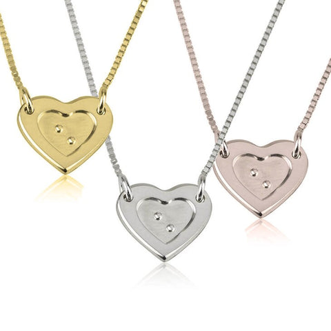 Single Heart Braille embossed Pendant Necklace in Sterling Silver,24K Gold/Rose Gold Plating,adjustable chain with clasp