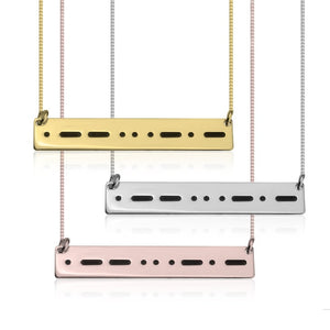 Morse code Engraved Bar Pendant Necklace - Sterling Silver,24K Gold/Rose Gold Plating, adjustable chain, lobster clasp