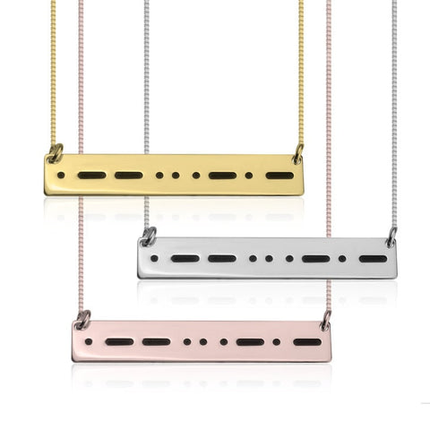 Morse code Engraved Bar Pendant Necklace - Sterling Silver,24K Gold/Rose Gold Plating, adjustable chain, lobster clasp