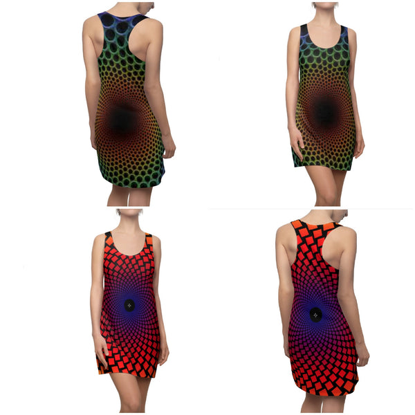 Green Radial Vortex Women&#39;s Racerback Dress,Optical illusion Dress,Op Art Dress, Gifts for Her, Sporty Sleeveless Dress, Cute Birthday Dress