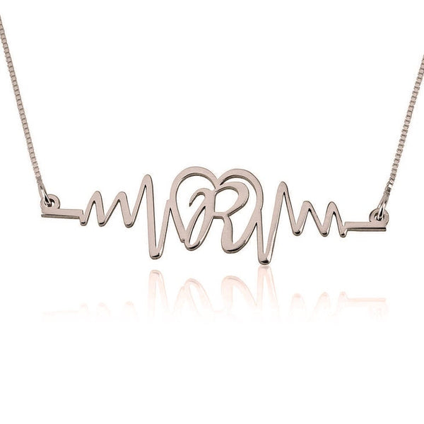 Initials Heartbeat Pendant Necklace - Sterling Silver,24K Gold/Rose Gold,Graduation Gift,Mother&#39;s Day Gift,Birthday Gift,Engagement Gift