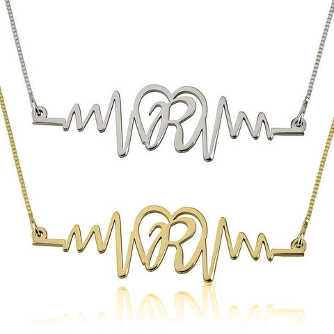 Initials Heartbeat Pendant Necklace - Sterling Silver,24K Gold/Rose Gold,Graduation Gift,Mother&#39;s Day Gift,Birthday Gift,Engagement Gift