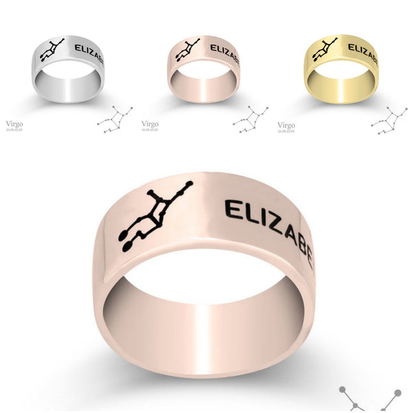 Personalized Zodiac+Name Engraved Ring,925 Silver,24K Gold/Rose Gold,Graduation Gift,Mother&#39;s Day Gift,Birthday Gift,Engagement Gift for her