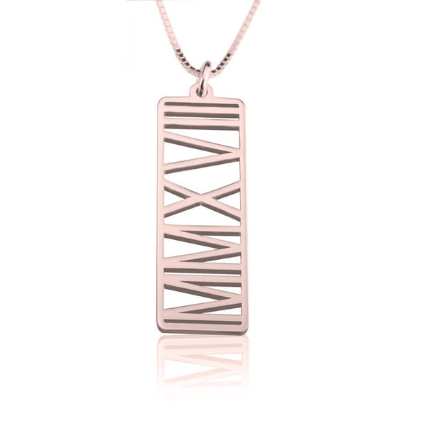 Personalized Roman Numerals Cutout Pendant Necklace-Vertical,Horiz/925 Silver/24K/Rose Gold Plating,Birthday/Mom/Dad/Anniversary/Graduation