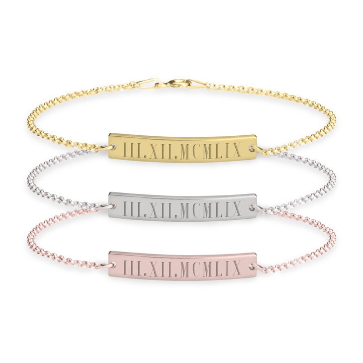 Roman Numerals Engraved Bar Bracelet, Chain in Sterling Silver,24K Gold/Rose Gold Plating,