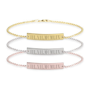 Roman Numerals Engraved Bar Bracelet, Chain in Sterling Silver,24K Gold/Rose Gold Plating,