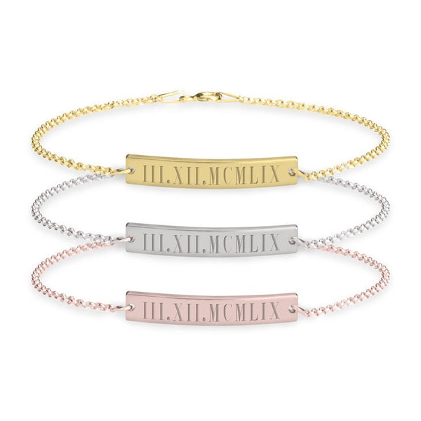 Roman Numerals Engraved Bar Bracelet, Chain in Sterling Silver,24K Gold/Rose Gold Plating,