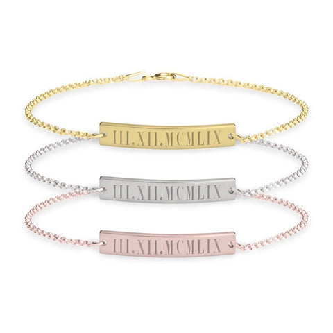 Roman Numerals Engraved Bar Bracelet, Chain in Sterling Silver,24K Gold/Rose Gold Plating,