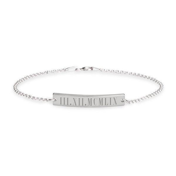 Roman Numerals Engraved Bar Bracelet, Chain in Sterling Silver,24K Gold/Rose Gold Plating,