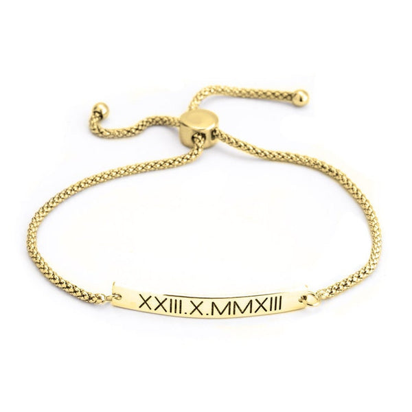 Roman Numerals Engraved Adjustable Bracelet,Sterling Silver,24K Gold/Rose Gold Plating, Valentine/Thanksgiving/Anniversary/Birthday Gifts
