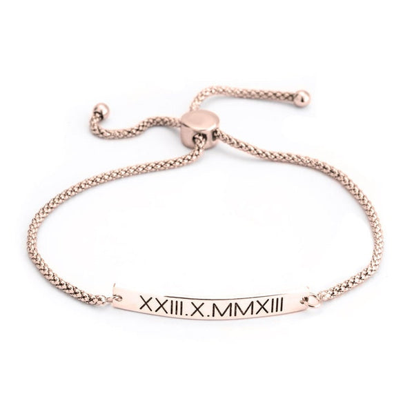 Roman Numerals Engraved Adjustable Bracelet,Sterling Silver,24K Gold/Rose Gold Plating, Valentine/Thanksgiving/Anniversary/Birthday Gifts