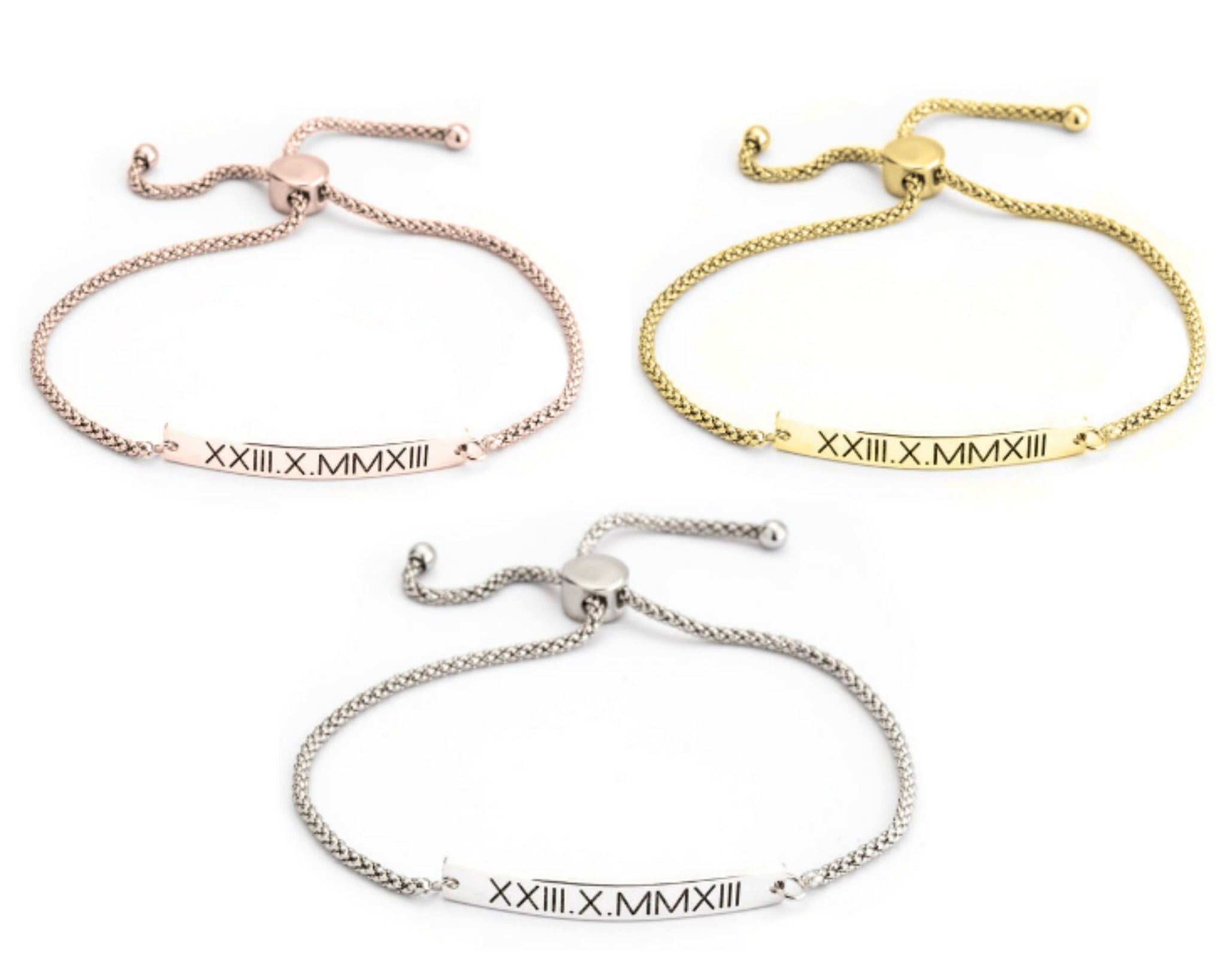 Roman Numerals Engraved Adjustable Bracelet,Sterling Silver,24K Gold/Rose Gold Plating, Valentine/Thanksgiving/Anniversary/Birthday Gifts