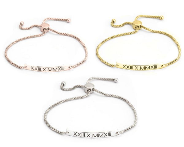 Roman Numerals Engraved Adjustable Bracelet,Sterling Silver,24K Gold/Rose Gold Plating, Valentine/Thanksgiving/Anniversary/Birthday Gifts