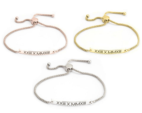 Roman Numerals Engraved Adjustable Bracelet,Sterling Silver,24K Gold/Rose Gold Plating, Valentine/Thanksgiving/Anniversary/Birthday Gifts