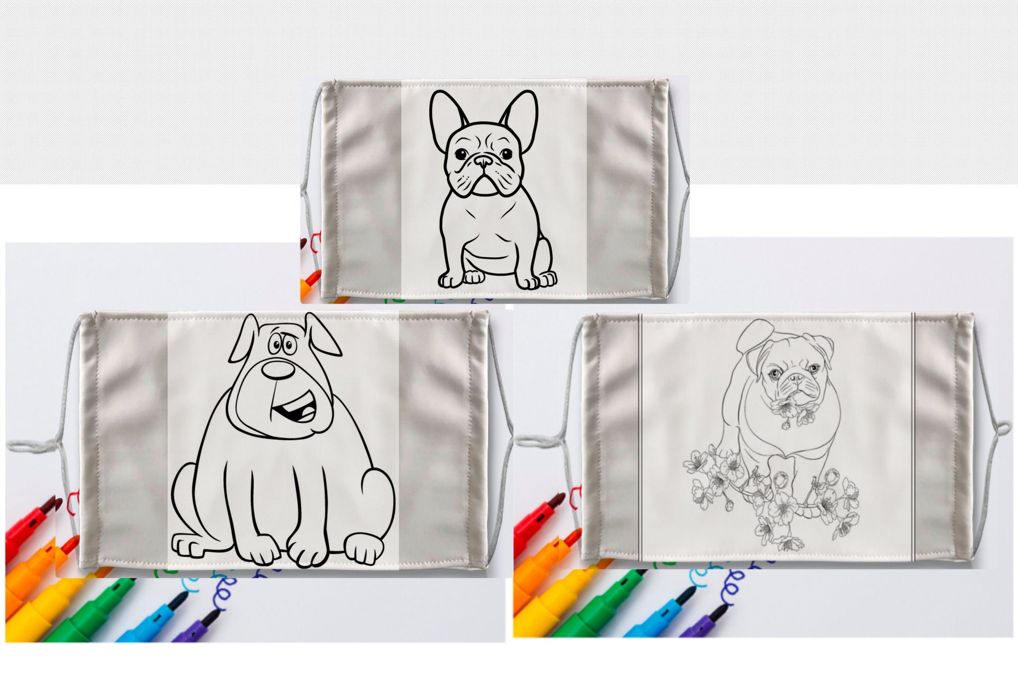 3-Style Pug Dog DIY Kit Coloring Face Mask with a Pack of 8 Coloured Fabric Textile Markers, Thoughtful Funny Valentine&#39;s Gift