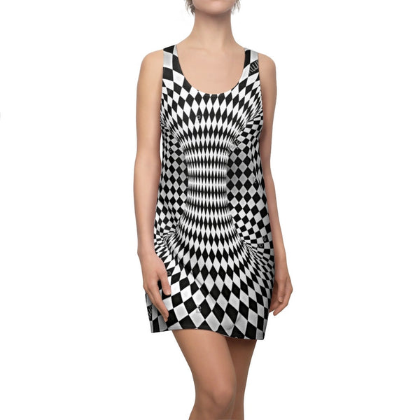 Trendy Women&#39;s Racerback Tank Top Dress with 3D Checker Vortex Pint, Optical illusion Art