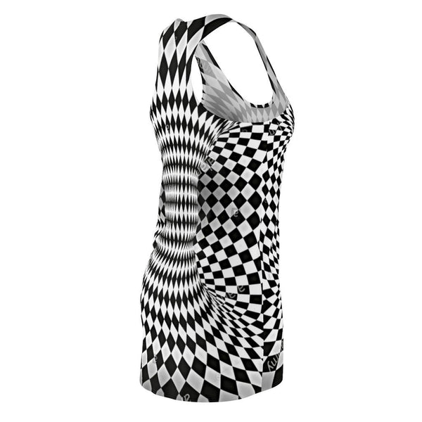 Trendy Women&#39;s Racerback Tank Top Dress with 3D Checker Vortex Pint, Optical illusion Art