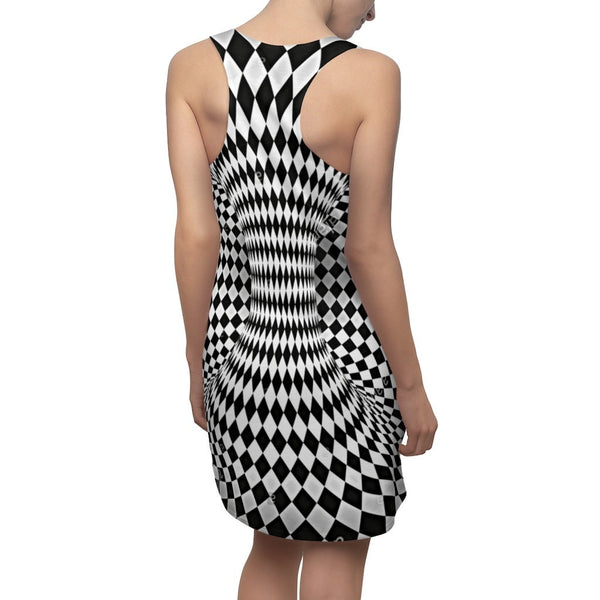 Trendy Women&#39;s Racerback Tank Top Dress with 3D Checker Vortex Pint, Optical illusion Art