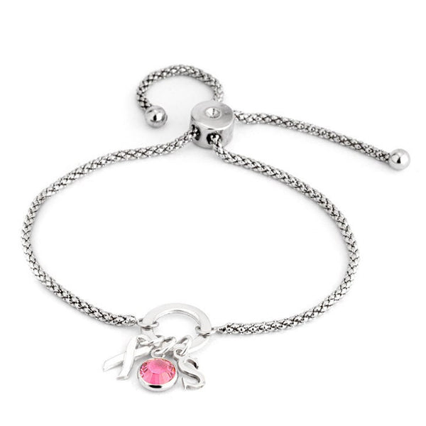 Charm Initial Bracelet, Sterling Silver,Mother&#39;s Day gift, Birthday gift,Cancer Survivor gifts,breast cancer Pink ribbon gift,gifts for her