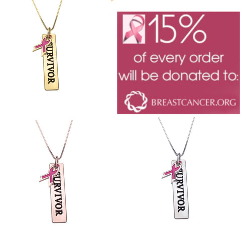 Pink Ribbon Bar Necklace, Silver,24K Gold/Rose Gold,Mother&#39;s Day gift, Birthday gift,Cancer Survivor gifts,Support Pink ribbon gift,