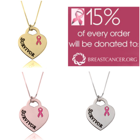 Survivor Heart Necklace, Silver,24K Gold/Rose Gold,Mother&#39;s Day gift, Birthday gift,Cancer Survivor gifts,Support Pink ribbon gift,Aunt Gift