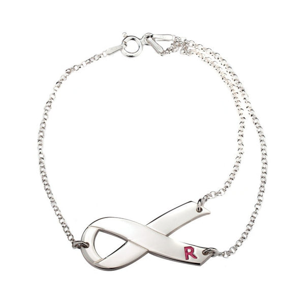 Ribbon Initial Bracelet,Sterling Silver,24K Gold,Rose Gold,Mother&#39;s Day gift, Birthday gift,Cancer Survivor gifts,Support Pink ribbon gift