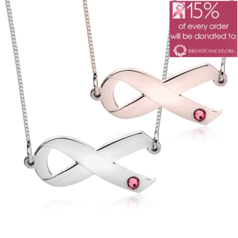 Birthstone Ribbon Pendant Necklace,Silver,24K Gold/Rose Gold,Mother&#39;s Day gift, Birthday gift,Cancer Survivor gifts,Support Pink ribbon gift