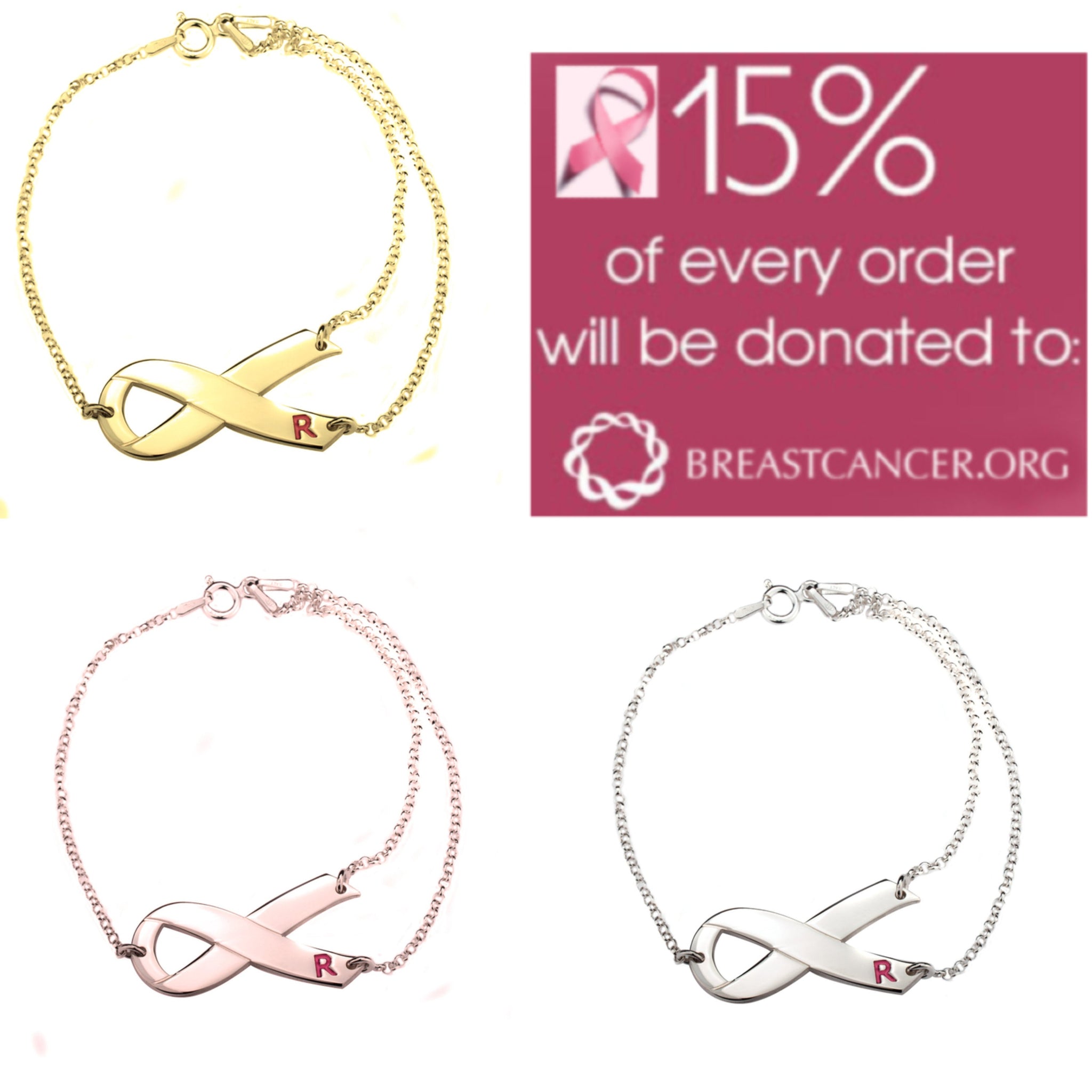 Ribbon Initial Bracelet,Sterling Silver,24K Gold,Rose Gold,Mother&#39;s Day gift, Birthday gift,Cancer Survivor gifts,Support Pink ribbon gift