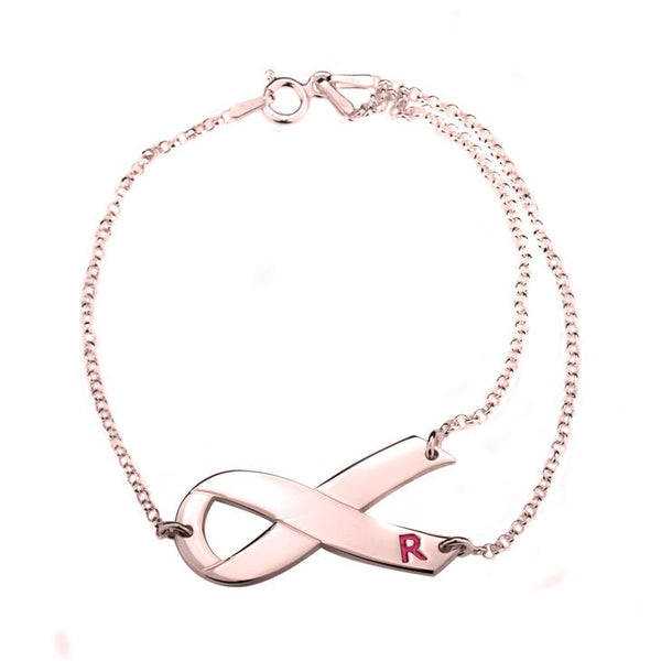 Ribbon Initial Bracelet,Sterling Silver,24K Gold,Rose Gold,Mother&#39;s Day gift, Birthday gift,Cancer Survivor gifts,Support Pink ribbon gift