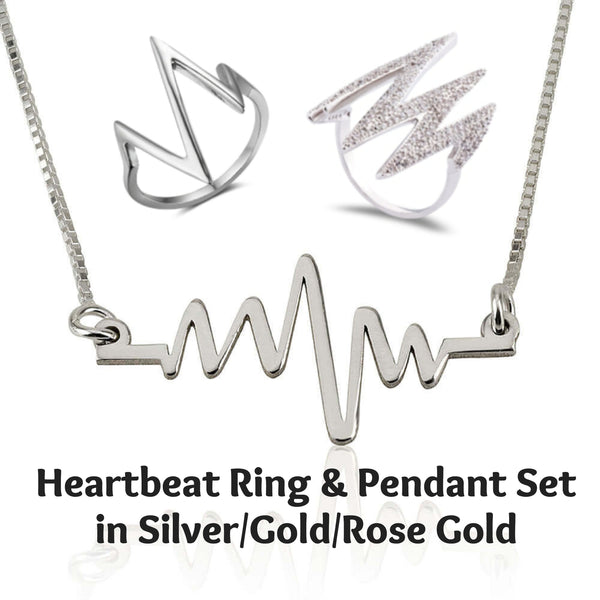 Matching Heartbeat Ring & Pendant Set,Sterling Silver,24K Gold,Rose Gold,Gifts For Her,Valentine&#39;s Day,Birthday,Engagement,Anniversary Gifts