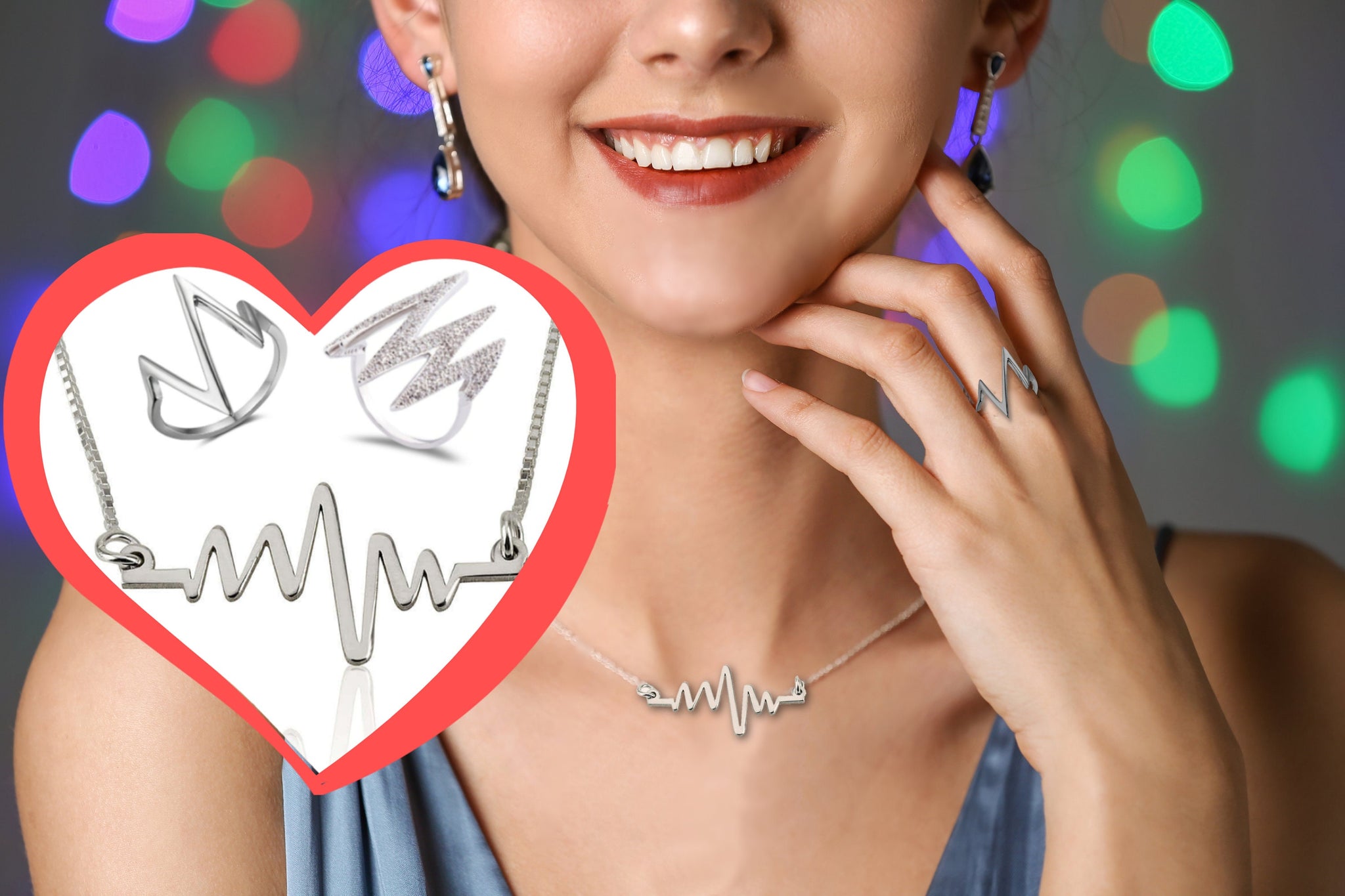 Matching Heartbeat Ring & Pendant Set,Sterling Silver,24K Gold,Rose Gold,Gifts For Her,Valentine&#39;s Day,Birthday,Engagement,Anniversary Gifts