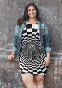 Checker Vortex T-shirt Dress,Optical Illusion Dress,Gifts For Her/Christmas/Thanksgiving/Birthday,Athletic Short Sleeve A-line tank dress
