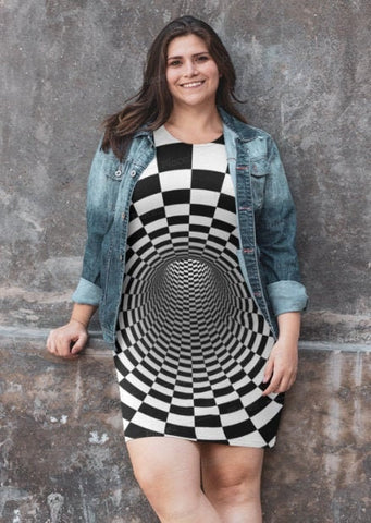 Checker Vortex T-shirt Dress,Optical Illusion Dress,Gifts For Her/Christmas/Thanksgiving/Birthday,Athletic Short Sleeve A-line tank dress