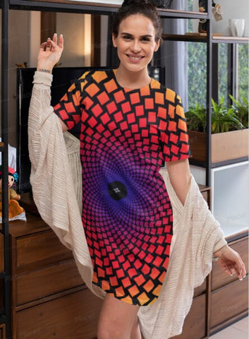 Sunrise Vortex T-shirt Dress,Optical Illusion Dress,Gifts For Her,Athletic Dress, Short Sleeve Dress,A-line tank dress,Op Art Birthday Gift
