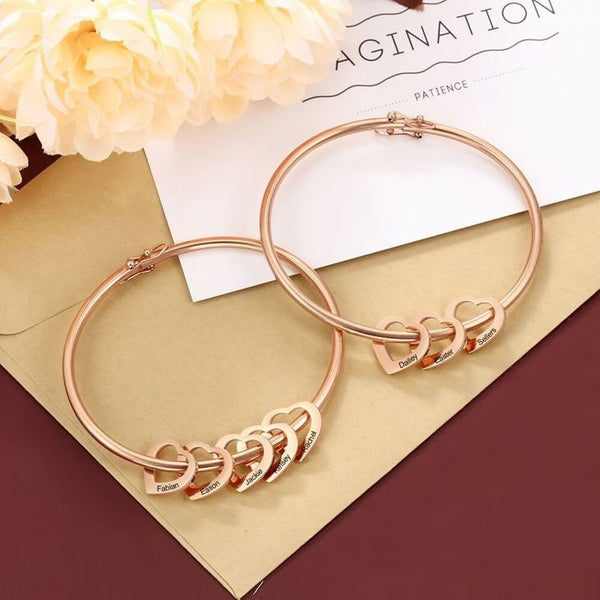 Personalized Mother&#39;s Hearts Charm Bangle Bracelet,925 Silver,24K Gold,Rose Gold,Mother&#39;s Day Gift,Birthday gifts for Her,gifts for Mom