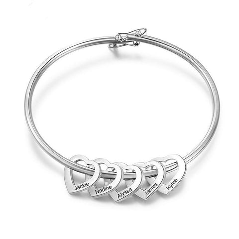 Personalized Mother&#39;s Hearts Charm Bangle Bracelet,925 Silver,24K Gold,Rose Gold,Mother&#39;s Day Gift,Birthday gifts for Her,gifts for Mom