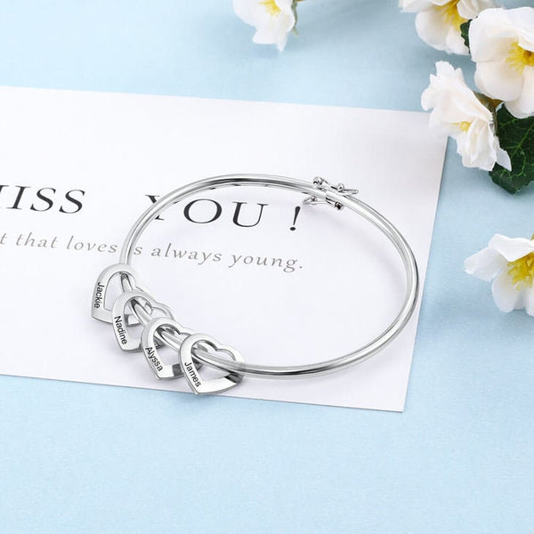 Personalized Mother&#39;s Hearts Charm Bangle Bracelet,925 Silver,24K Gold,Rose Gold,Mother&#39;s Day Gift,Birthday gifts for Her,gifts for Mom